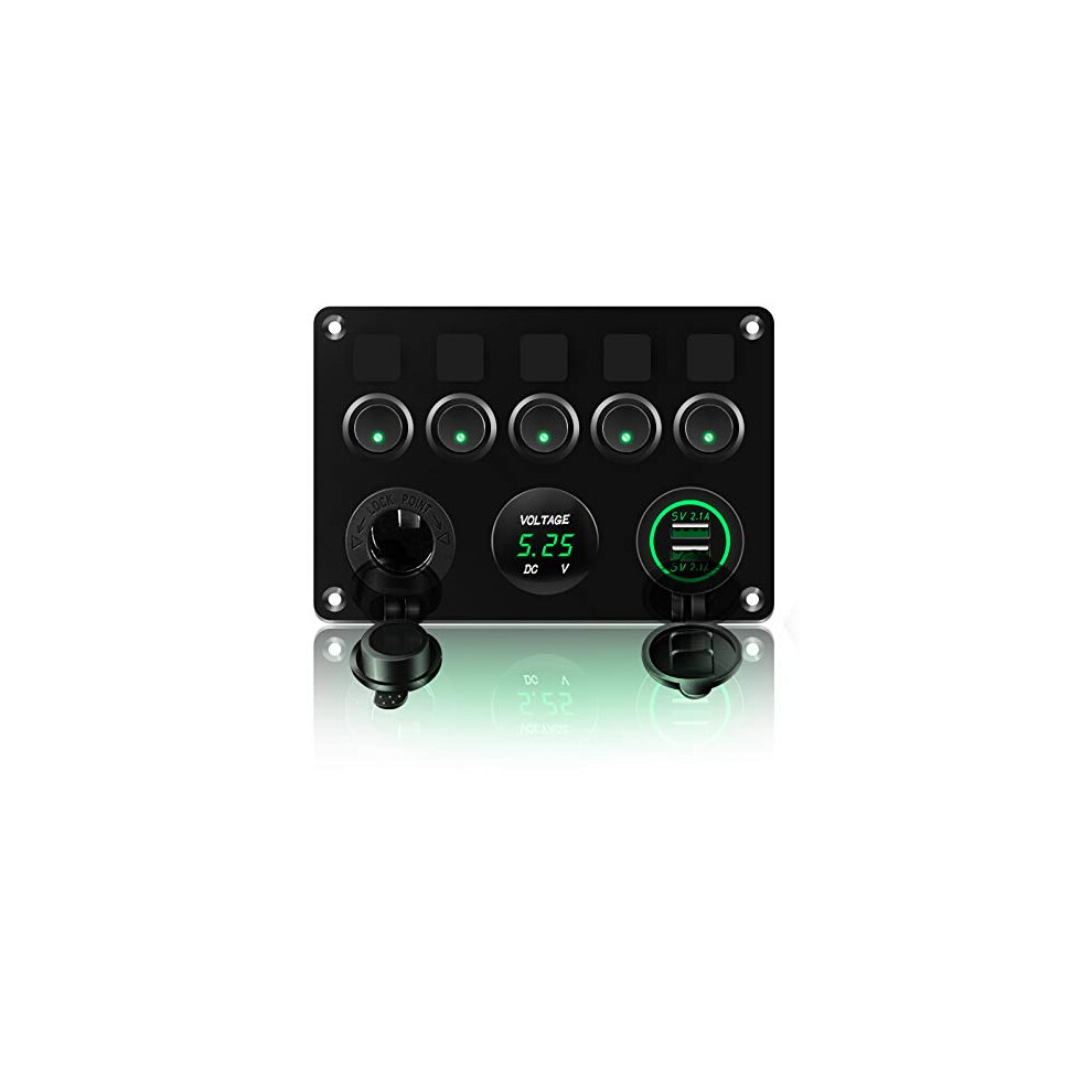Kaolali 12V/24V Toggle Switch Panel, Dual Usb Charger Port 4.2A, Lighter Socket, Digital Voltmeter Display, Car Rocker Switches Ip65 Waterproof 5 Gan 3324888119645