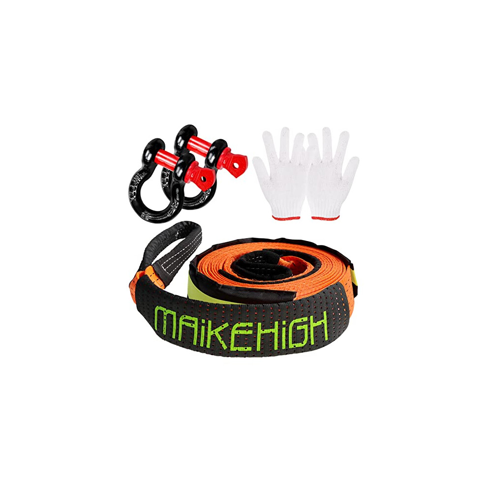 Maikehigh Tow Rope 5M X 5Cm,10 Ton (22,000 Lbs) Off-Road Recovery Tow Strap With 2 Anti-Proof Gloves, 2 Reinforced Shackles 8905016115293