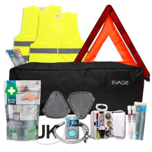 EVAQ8 European Car Travel Kit For Driving in France With Breathalysers, Warning Triangle, UK Sticker, Hi-Vis Vests, Beam Deflectors, Bulb Kit, First