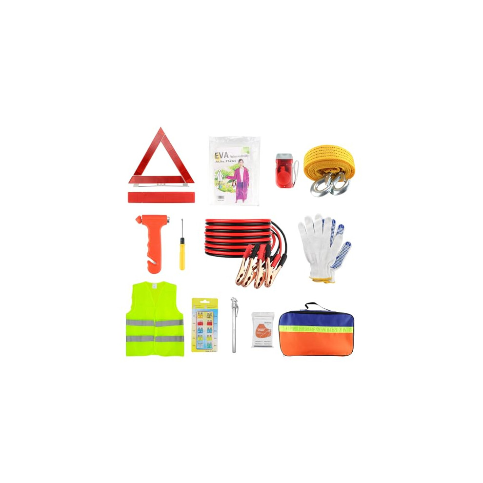 Car Emergency Breakdown Safety Kit 13-In-1 Vehicle Europe Roadside Assistance Travel Kit With Jump Leads,Tow Rope,Warning Triangle,Hi-Vis Vest,Emerge 6499820890597