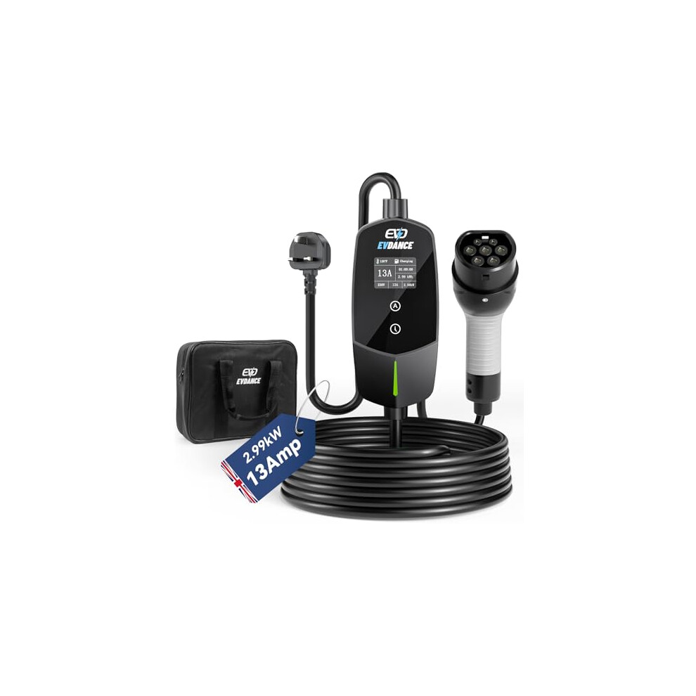 Evdance Ev Charger Cable Type 2 To 3 Pin Plug 20Ft/6.1M [6/8/10/13A] Current Adjustable Portable Electric Car Charger With 0-12H Time Delay, Ip66, Ty 3082070112958