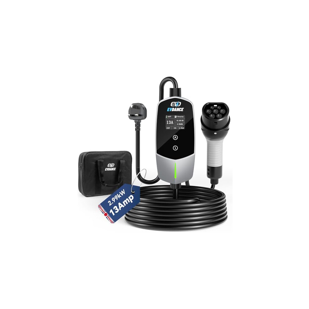 Evdance Ev Charger Cable Type 2 To 3 Pin Plug 20Ft/6.1M [6/8/10/13A] Current Adjustable Portable Electric Car Charger With 0-12H Time Delay, Ip66, Ty 6280730870386