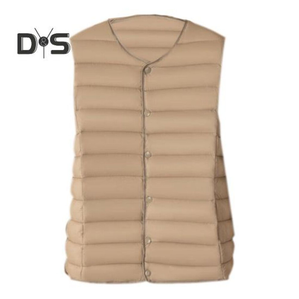 (khaki, XXXL) Women Winter Cotton Coat Round Neck Thin Short Type Plus Size Padded Short Type Windproof Single-breasted Inner Wear Waistcoat