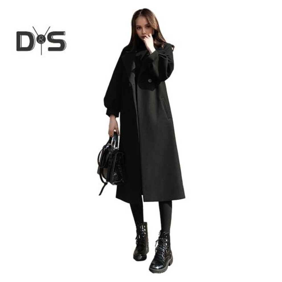 (black, L) Women Winter Coat Formal Business Style Turn-down Collar Double Buttons Calf Length Overcoat OL Commuting Jacket Solid Color Thick Outerwear