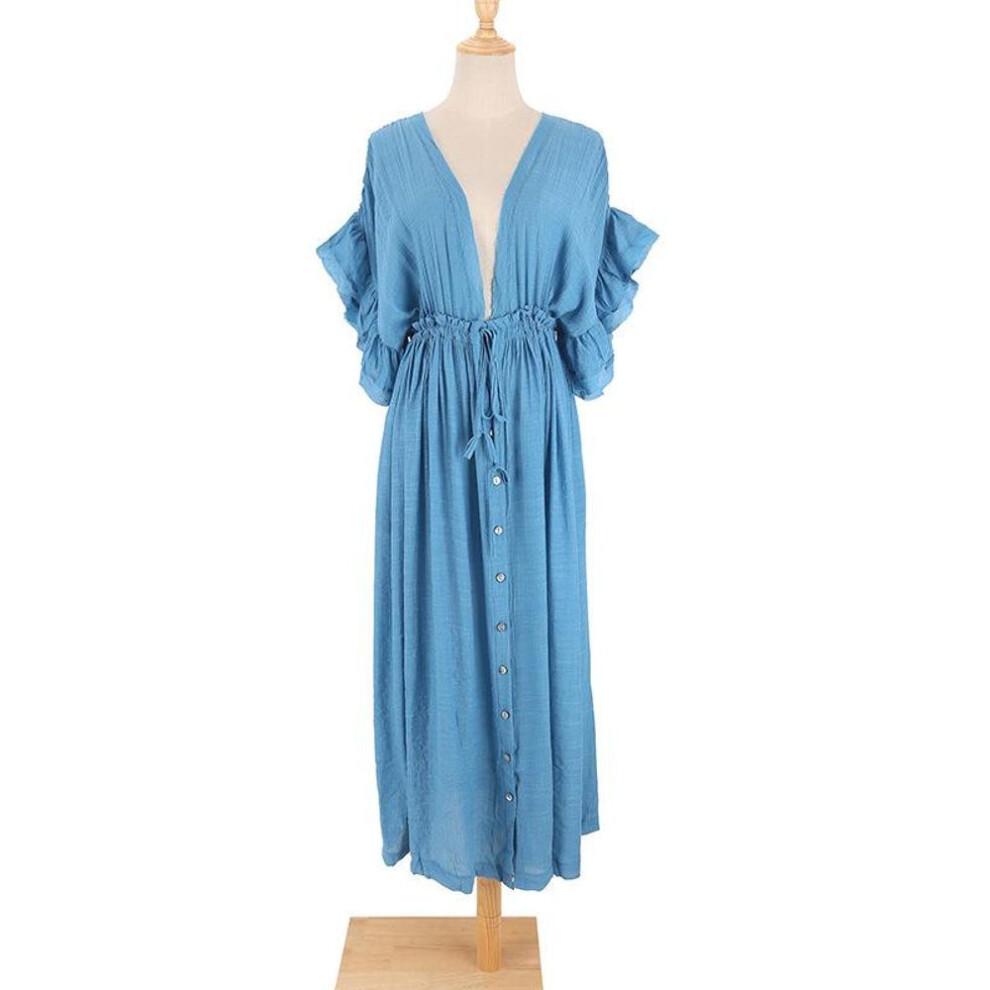 (One Size, dark blue) 2021 Bamboo Button Waist Long Skirt & Cardigan Set - Women’s Beach Coverup & Sun Protection