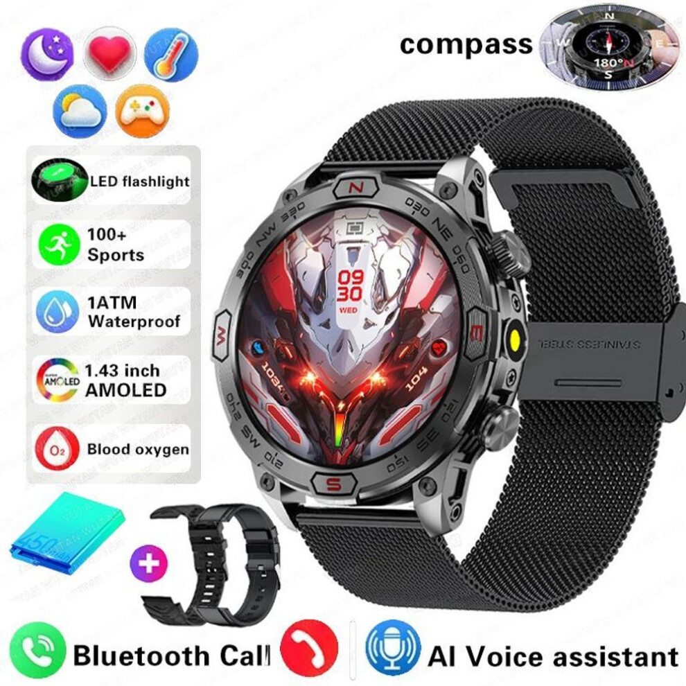 (black, Mesh+silicone+leather) 2025 New Outdoor Military GPS Smart Watch Men 466*466 HD AMOLED Full Touch Screen Bluetooth Call IP68 Waterproof Smartwatches