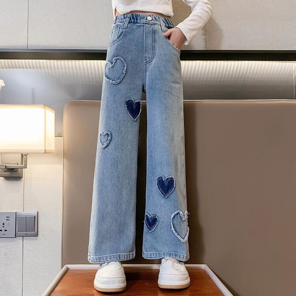 (blue, 150 cm) Girls' Wide-Leg Denim Pants - Korean Spring Wear, Loose Straight Fit for Children