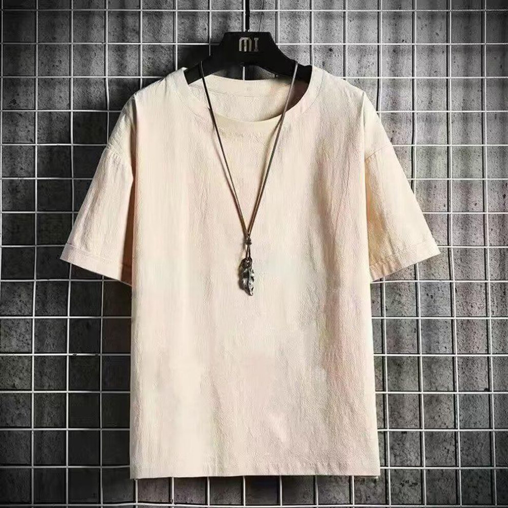 (khaki, XXXXL) Men's Trendy Summer Cotton-Linen Short Sleeve Solid T-Shirt