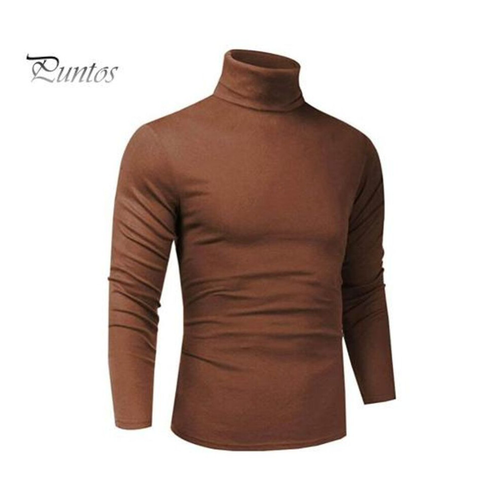 (coffee, XL) Spring Autumn Men Top Neck Protecting High Collar Slim Fit Stretchy Long Sleeves Pullover Sweatshirt for Home Sports Gym Street Wear