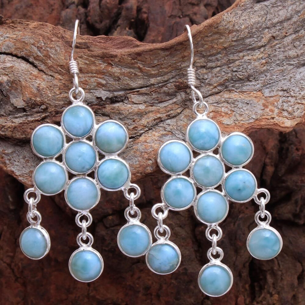 (blue) Moonstone Larimar Silver Earring, 925 Sterling Silver Handmade Jewelry, Flower Jewelry, Dangle Earring