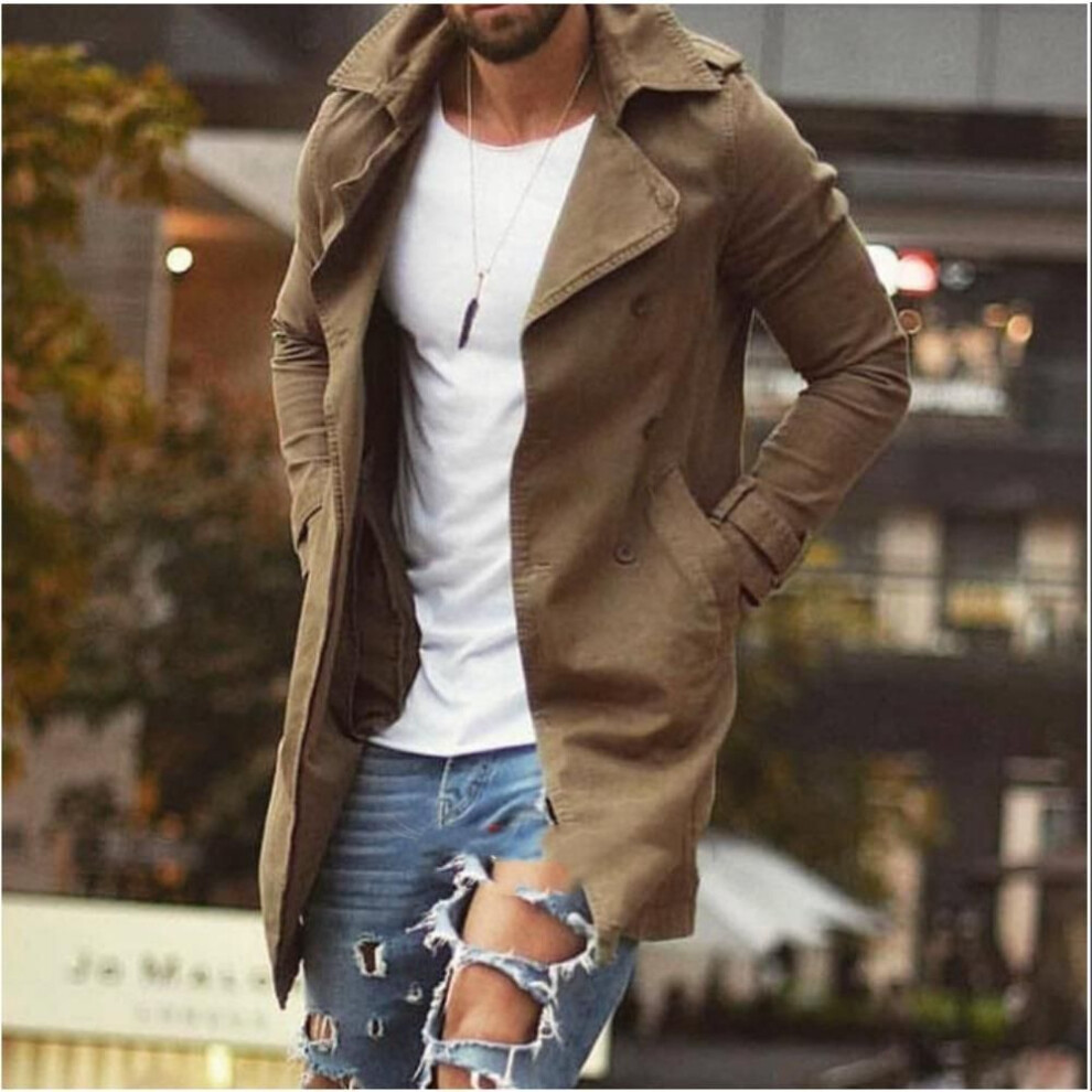 (khaki, S) QICED Spring Men's Coat Medium Long Slim Large Size Windbreaker Casual Jacket
