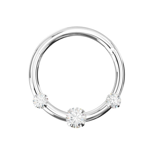 (Silver, 10mm) 925 Sterling Silver Triple CZ Jewelled Hinged Segment Clicker Ring