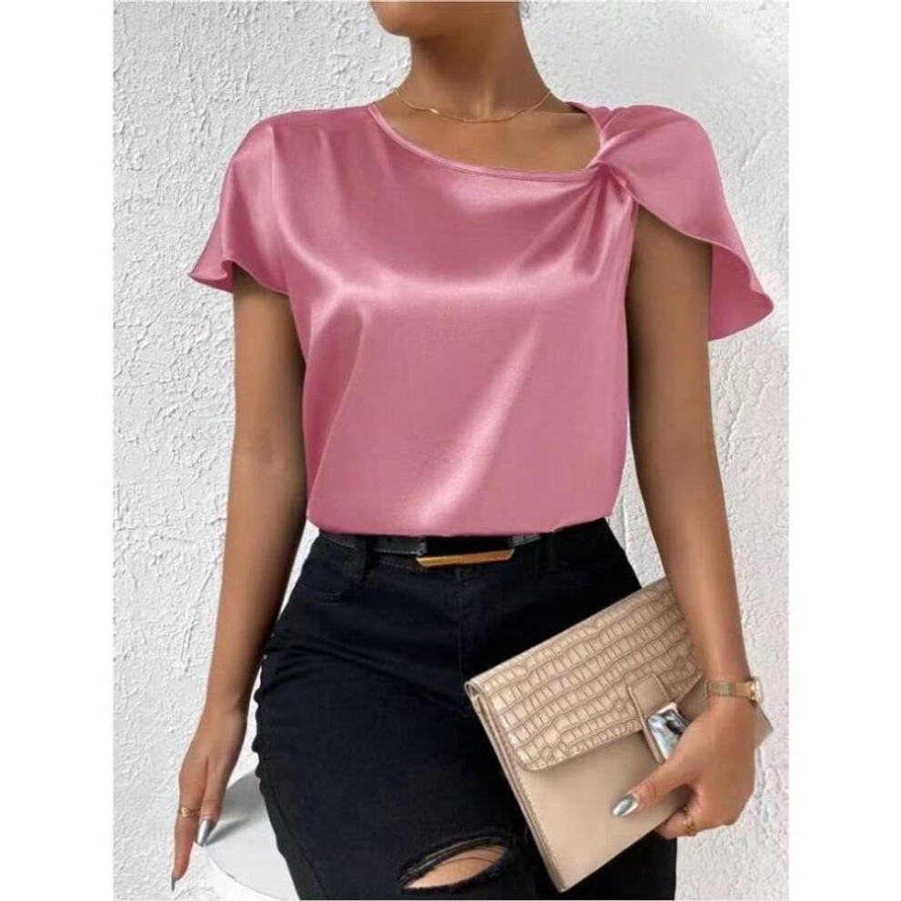 (L, pink) Women's Summer Short Sleeve Knotted Solid Color Loose Top