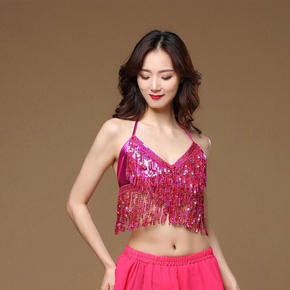 (rose red) Tassel Belly Dance Top Polyester Girls Dance Crop Tops Shiny Belly Dancing Outfits for Women  Club