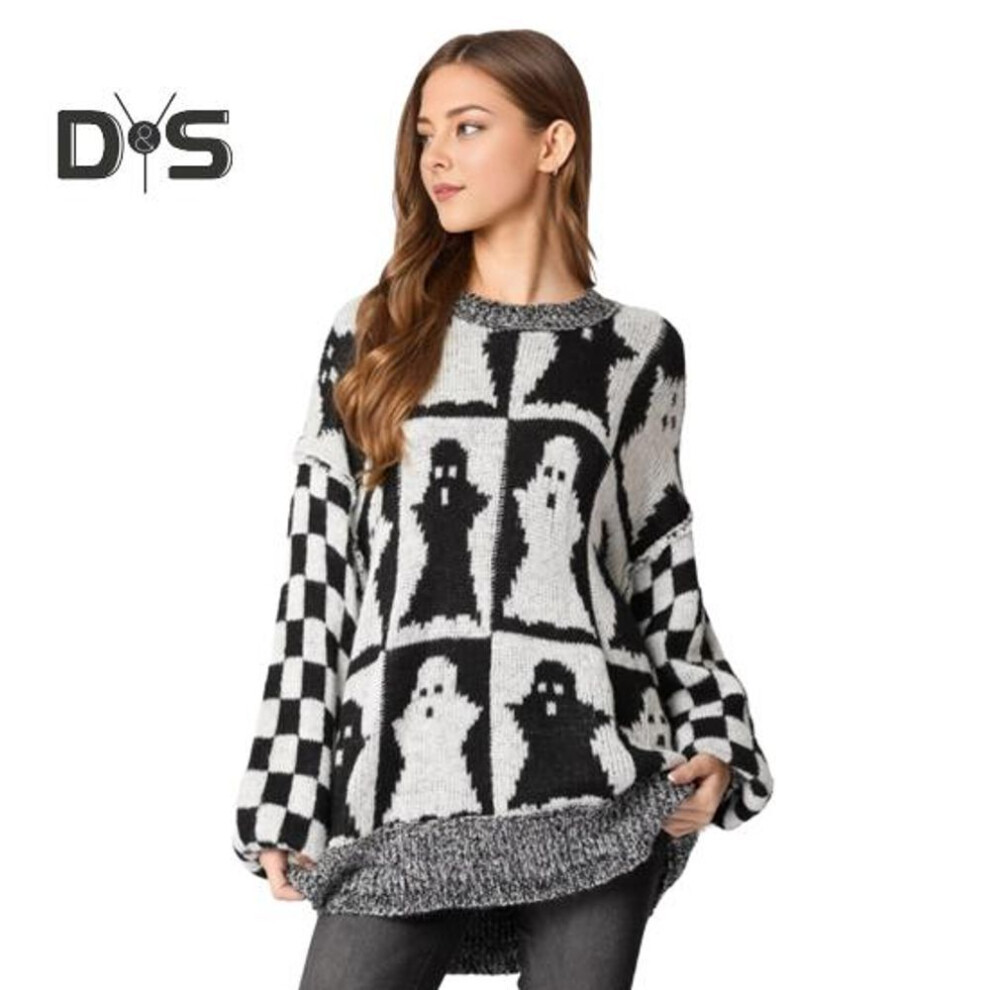 (XL, black) Women Sweater Round Neck Long Sleeve Elastic Knitting Tops Loose Fit Ghost Pattern Plaid Decor Pullover Tops Knitwear
