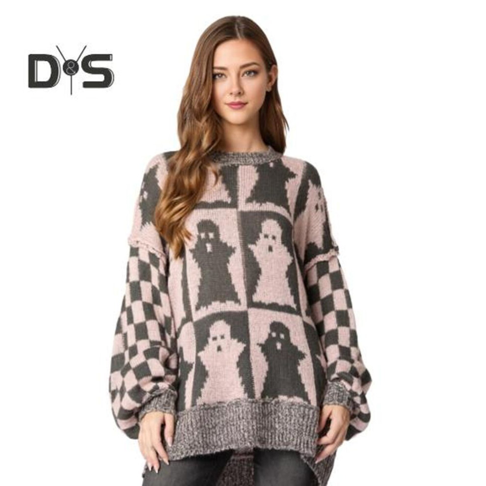 (XL, pink) Women Sweater Round Neck Long Sleeve Elastic Knitting Tops Loose Fit Ghost Pattern Plaid Decor Pullover Tops Knitwear