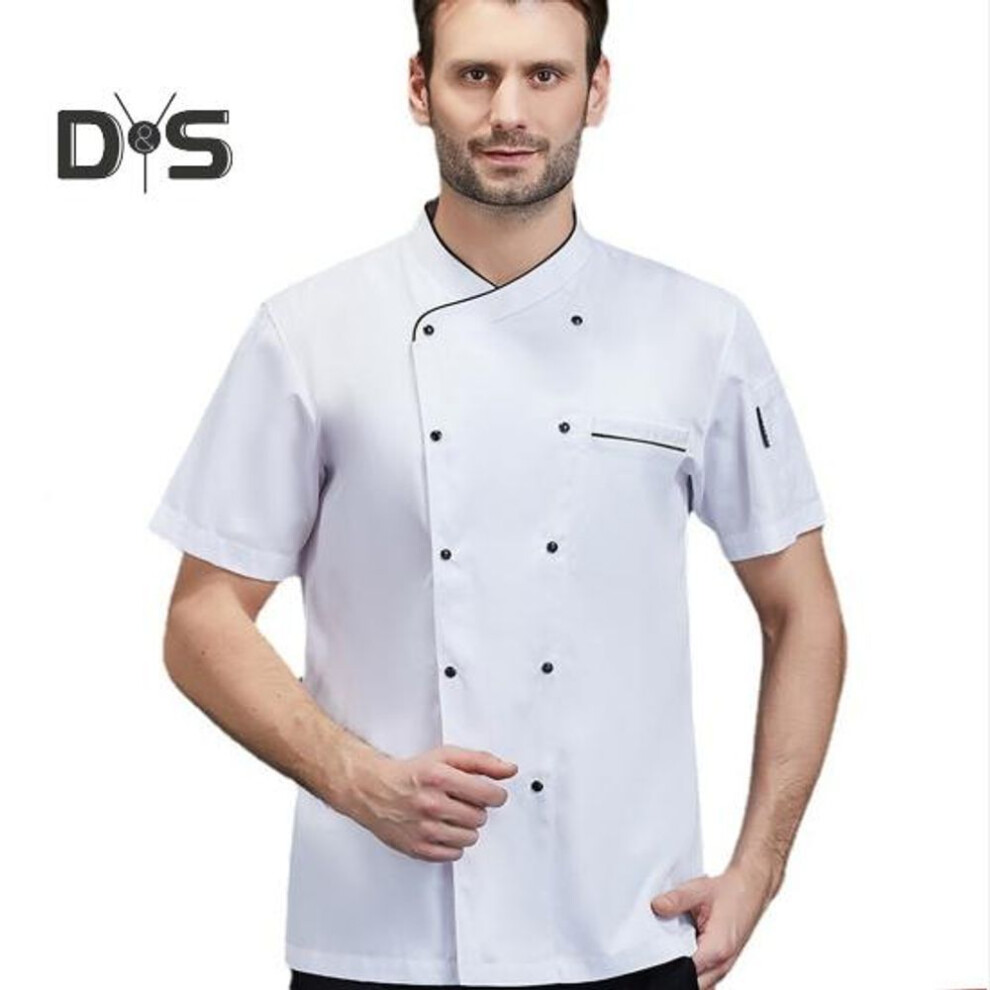 (white, M) Unisex Chef Coat Short Sleeve Jacket Men Women Cotton Blend V-neck Button Down Chef Uniform With Pockets Stain-resistant Cook Clothes Catering Outfit