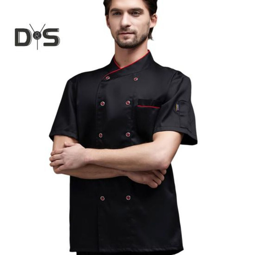 (black, M) Unisex Chef Coat Short Sleeve Jacket Men Women Cotton Blend V-Neck Button Down Chef Uniform with Pockets Stain-Resistant Cook Clothes Catering Outfit
