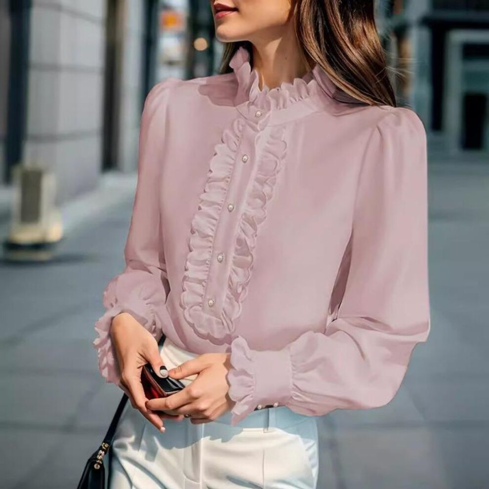 (XL, pink) YYFS Women's Fashion Casual Spring Fall Solid Color Print Long Sleeve Stand-Neck Blouses & Shirts
