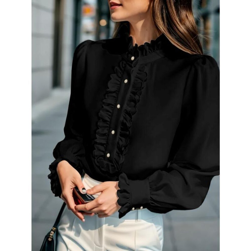 (M, black) YYFS Women's Fashion Casual Spring Fall Solid Color Print Long Sleeve Stand-Neck Blouses & Shirts