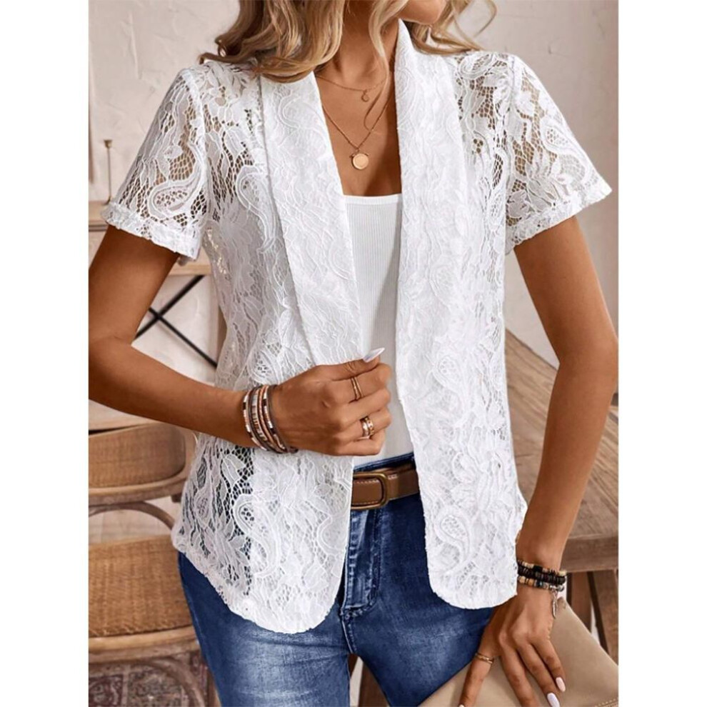 (2XL, white) Summer Women's Sexy Elegant Lace Shirt Hollow Solid Color Short Sleeve Women's Clothing