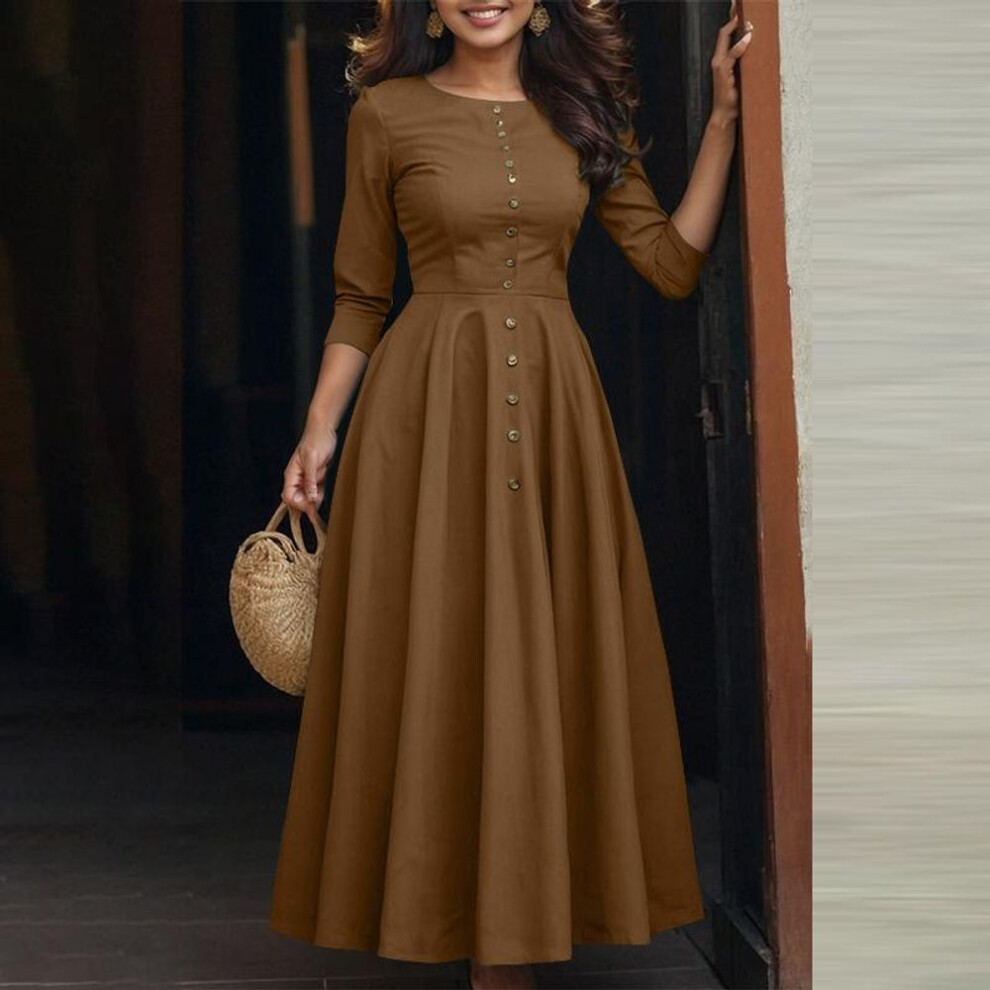 (brown, 3XL) ZANZEA Women Casual Round Neck 3/4 Sleeve A-Line Long Dress
