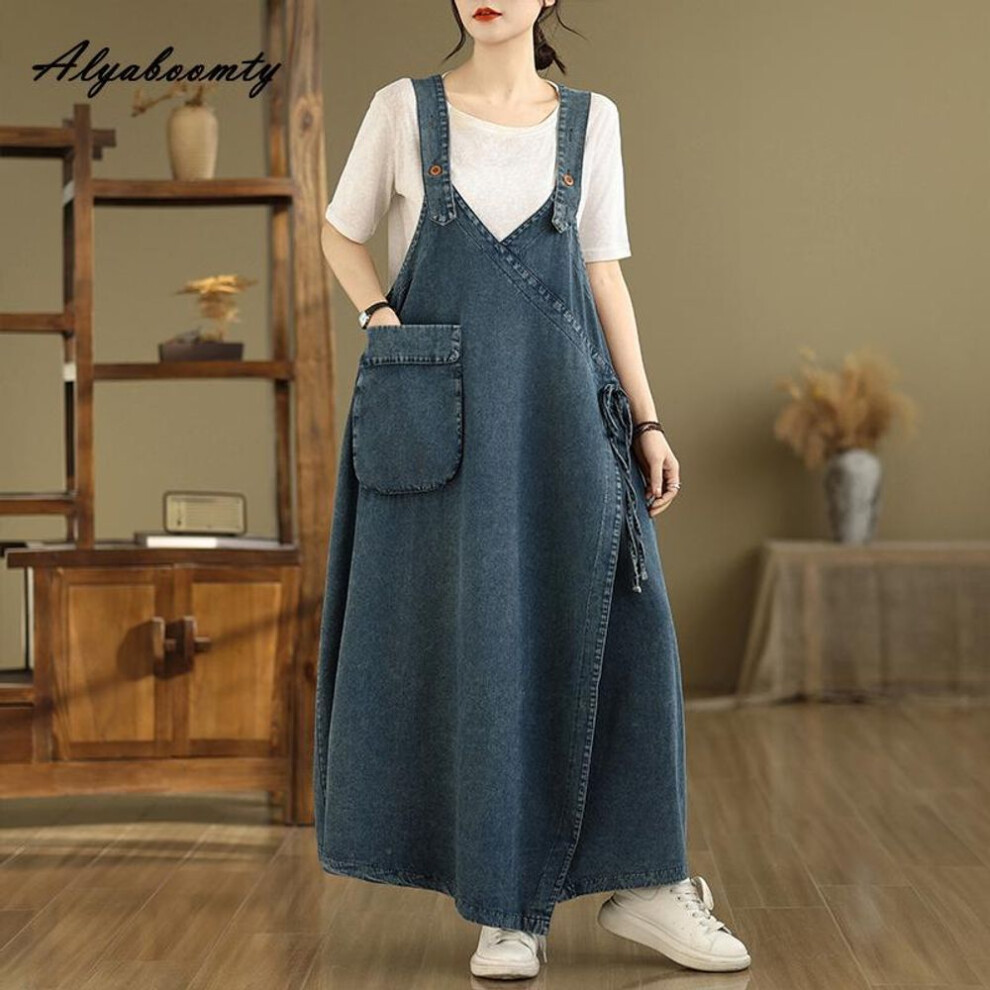 (as the picture, 3XL) Korean Style Spring Summer Plus Size Women Denim Sundress Suspenders Blue Oversized Lace Up Dress Sleeveless Vintage Casual Loose Midi Dress