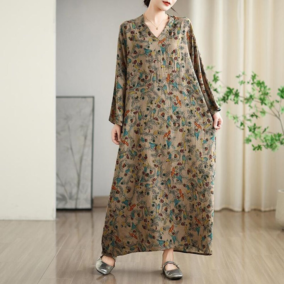 DIMANAF 2025 Women Plus Size Spring Long Dress Floral V-Neck Casual Vintage Dress Basic Loose Dress Maxi