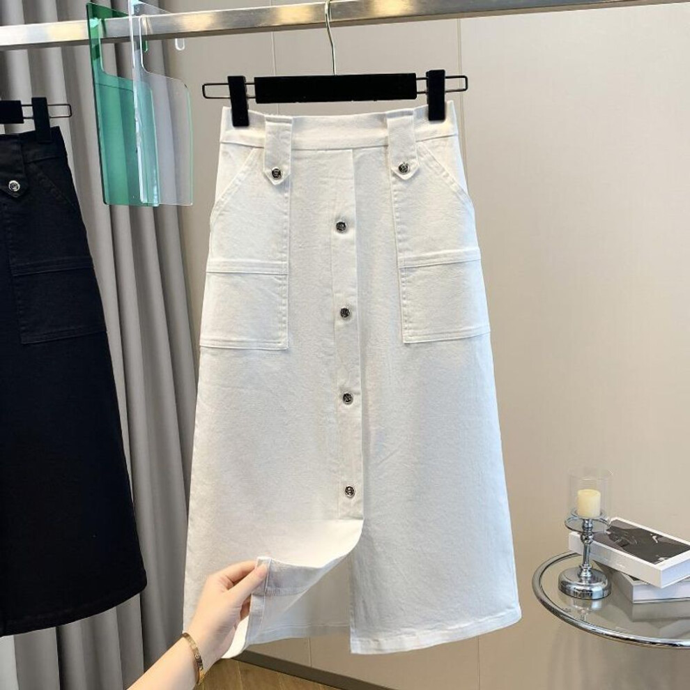 (4XL, white) DIMANAF 2025 Plus Size Spring Denim Skirts Women Clothing Pockets Fashion A-Line Jeans Skirt High Waist Button