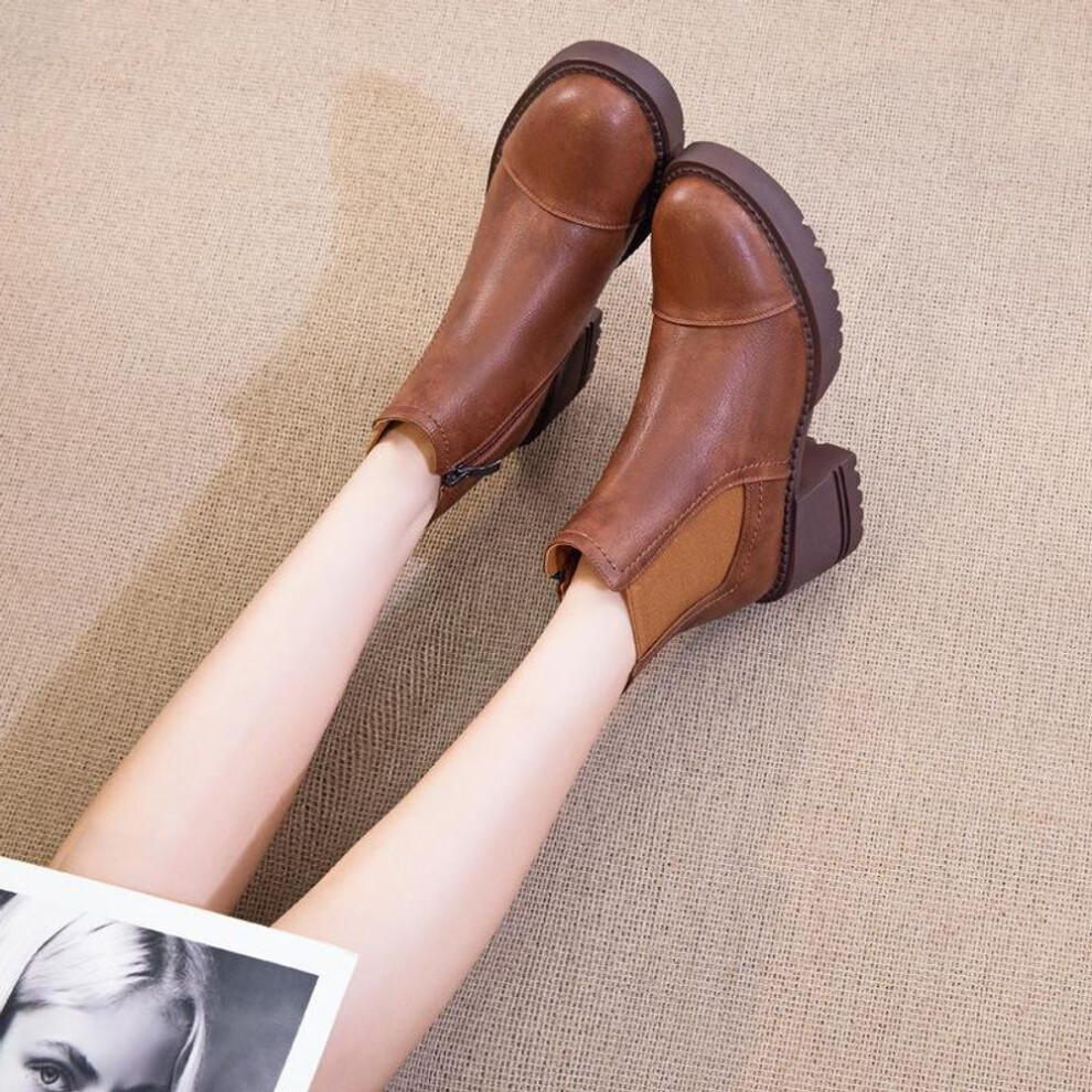 (brown, plus velvet, size 34) Women's British-Style Thick-Soled Genuine Leather Martin Boots, High-Heeled, Short, Suitable for Spring, Autumn, Winter 2024.