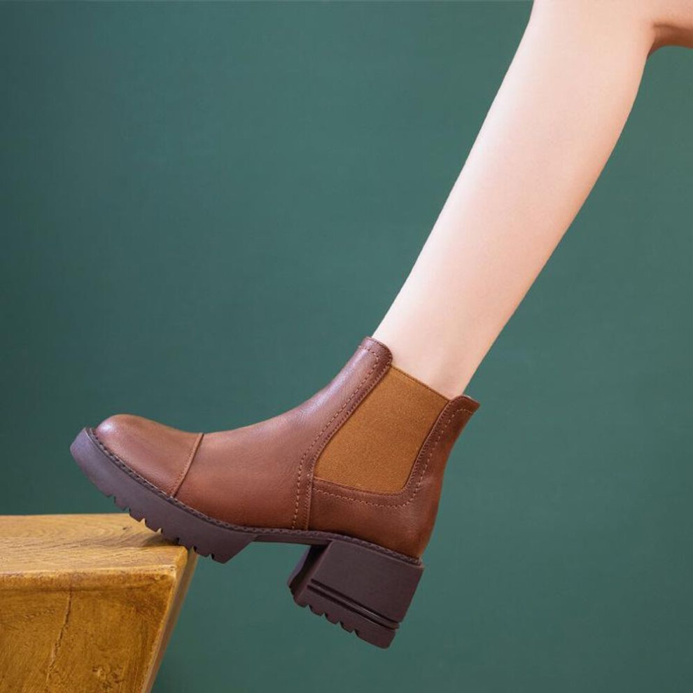 (brown, single lining, size 34) Women's British-Style Thick-Soled Genuine Leather Martin Boots, High-Heeled, Short, Suitable for Spring, Autumn, Winter 2024.