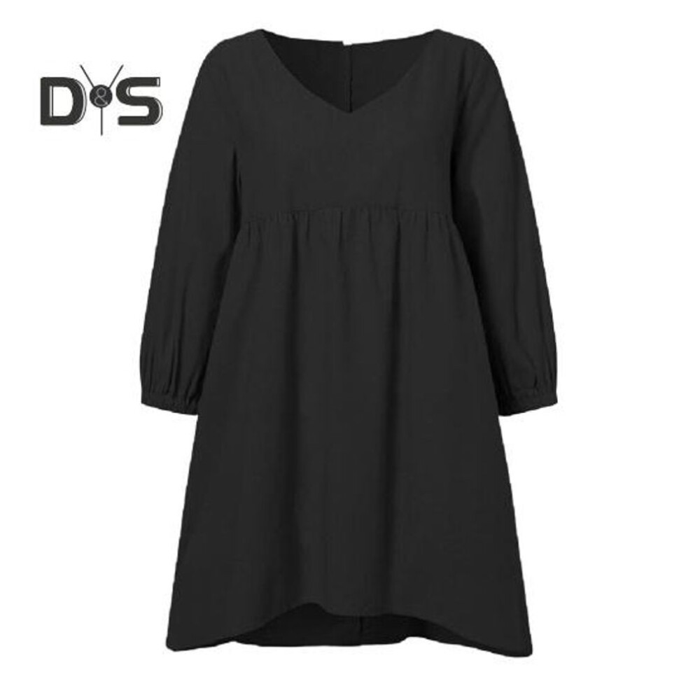 (L, black) Women Casual Shirt V-Neck Pleated Lantern Long Sleeve Top Solid Color Loose Fit Mid-length Pullover Tops Streetwear