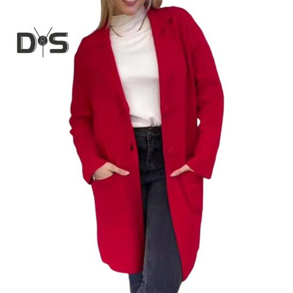 (red, XXL) Fall Winter Women Jacket Turn-down Collar Solid Color Single-breasted Coat Mid Length Loose Thermal Long Sleeved Commuting Dating Spring Fall Winter