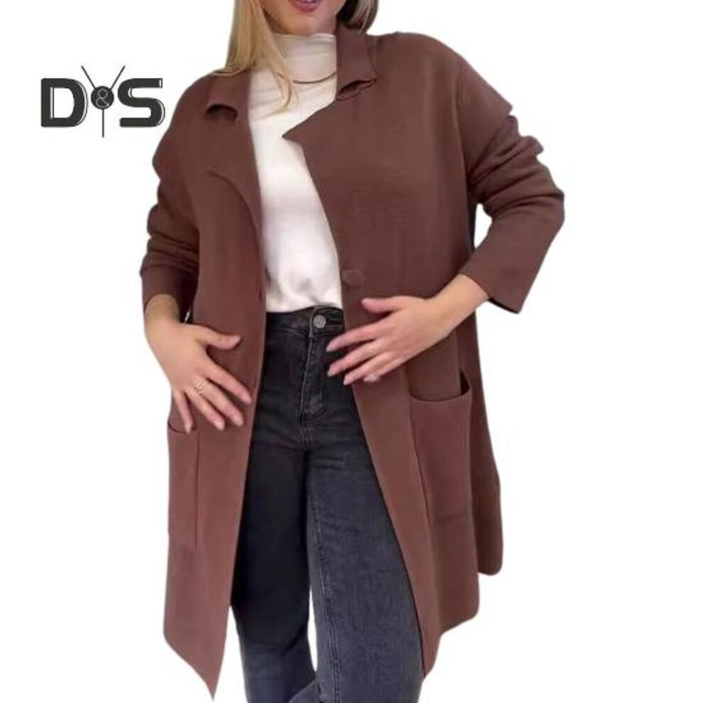 (dark brown, L) Fall Winter Women Jacket Turn-down Collar Solid Color Single-breasted Coat Mid Length Loose Thermal Long Sleeved Commuting Dating Spring Fall Winter