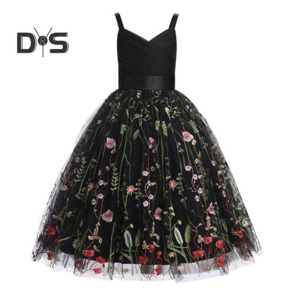 (black, 9 Years) Princess Flower Girl Dress Ruffled Tulle Dress Breathable 5-Layer Tulle Gown for Weddings Pageants Adjustable Spaghetti Strap Dress for 3-12 Years Old