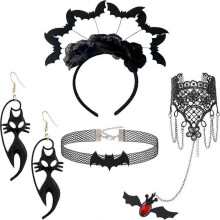 Gothic Bat Shape Hair Hoop with Dangle Earring&Choker&Bangles Women Bangles Hairband for Festival Parties Performances  Black