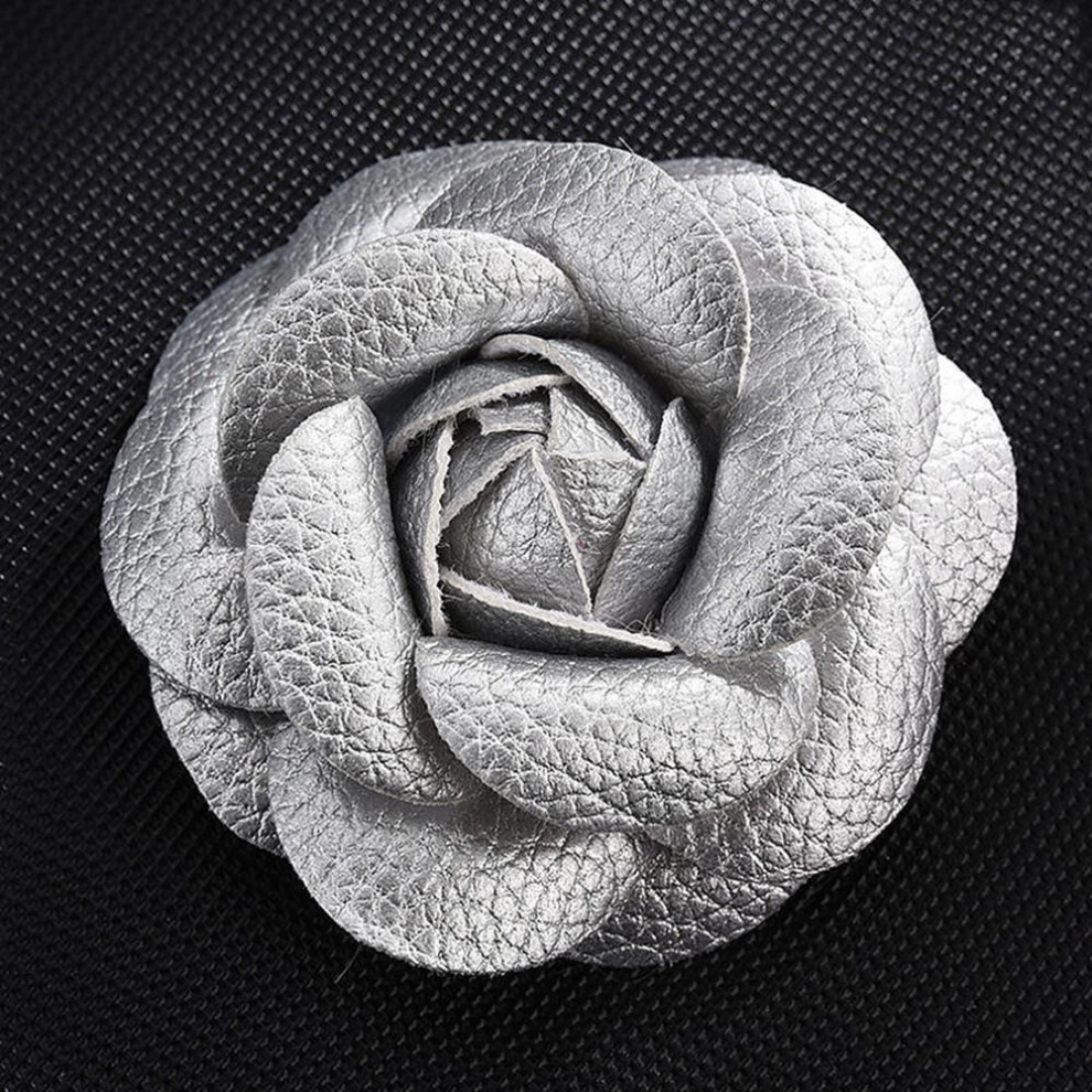 (silver) Korean Fabric Sewing Women Accessories Brooch Pu Leather Diy Craft Supplies Camellia Flower Corsage