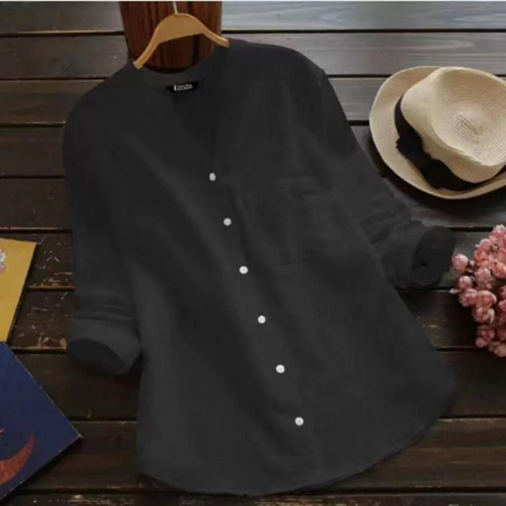 (4XL, black) Spring Autumn Women Plus Size Tops Retro Cotton Linen Shirt Loose Solid Color Casual Shirts