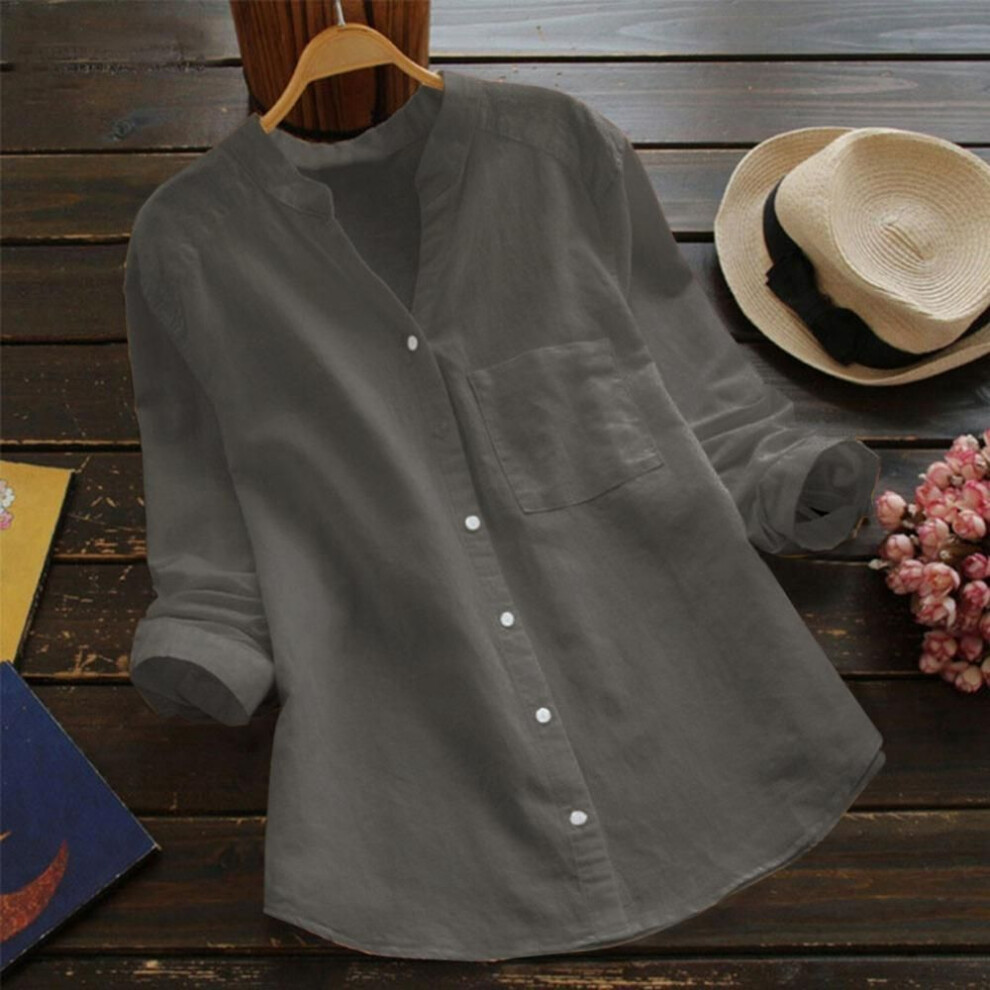 (XL, grey) Spring Autumn Women Plus Size Tops Retro Cotton Linen Shirt Loose Solid Color Casual Shirts