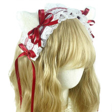 (Burgundy) Sweet Hair Accessories Women Washing Face Hairband Pleated Laces for Cat Ear Shape Headbands Lolita Hair Hoop for Girls Burgundy