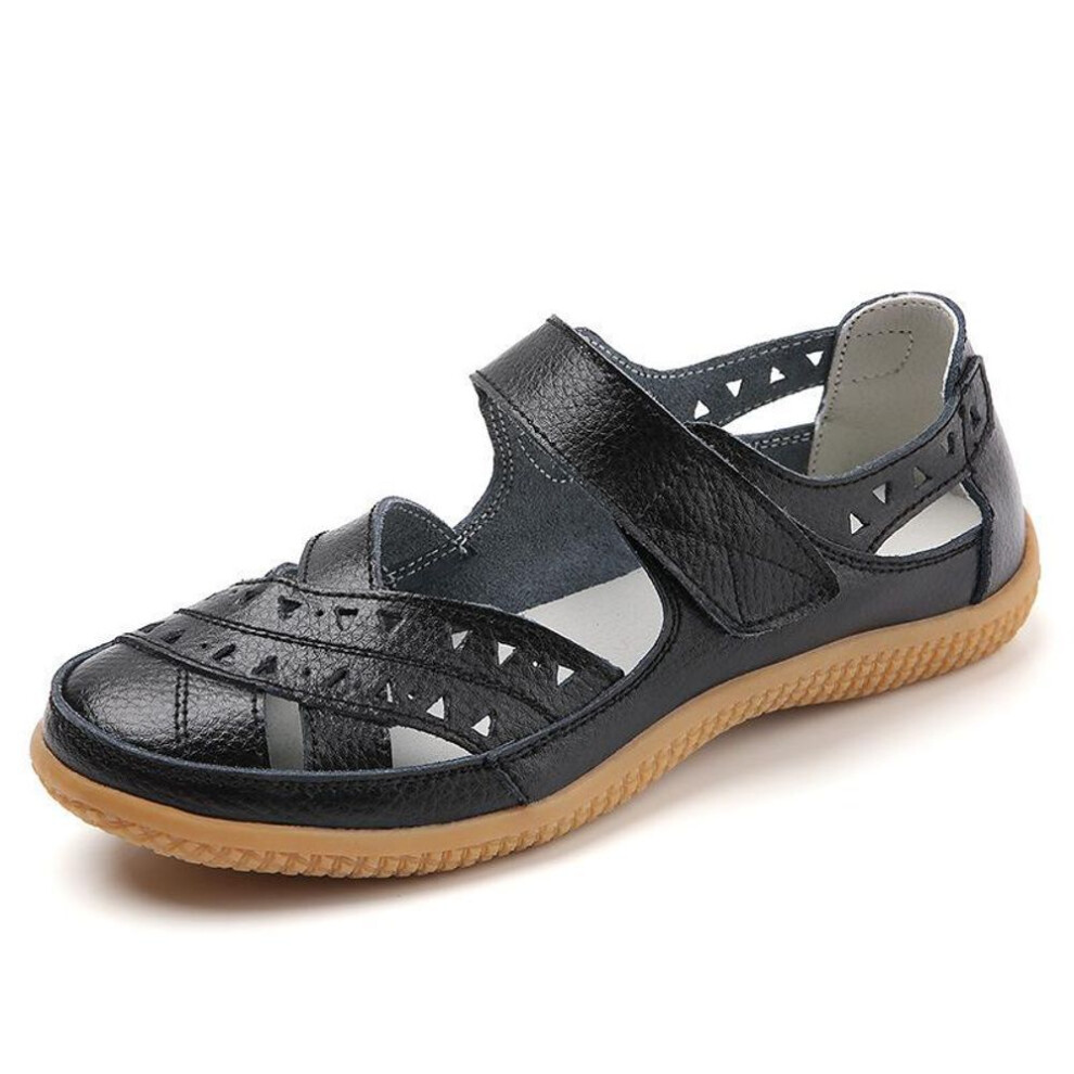 (black, 41) Female Women Leather Hollow White Shoes Sandals Flats Loafers Summer Cool Beach