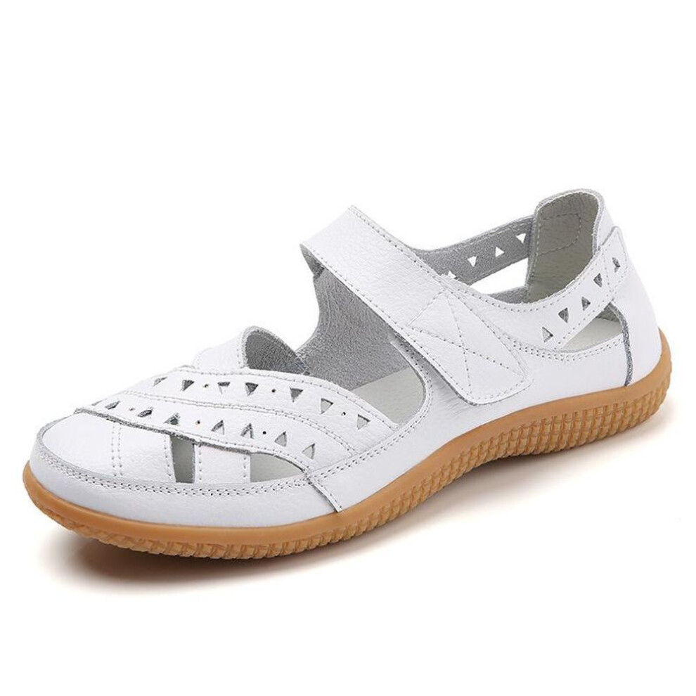 (white, 45) Female Women Leather Hollow White Shoes Sandals Flats Loafers Summer Cool Beach