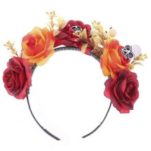 Halloween Day of the Dead Headband Bloomy Rose Floral Crown Scary Spider Skull Festival Hair Hoop Mexican Headpiece  Orange
