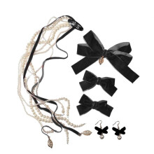 Girls Tassel Pearl Elegant Bow Shaped Headband Black Red Makeup Banquet Skirts Hair Holder Christmas Party Earrings