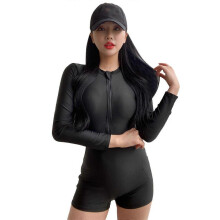 Women Conservative Swimwear Long Sleeve Swimsuit High Leg Bikini Boxer Pants Traditional One-piece Zipper Swimming Suit XL