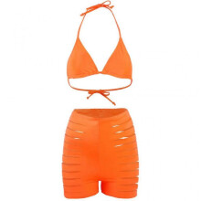 Women Sexy Neon Solid Brazilian Bikini Halter Padded Hollow Out Shorts Swimsuit Orange XL