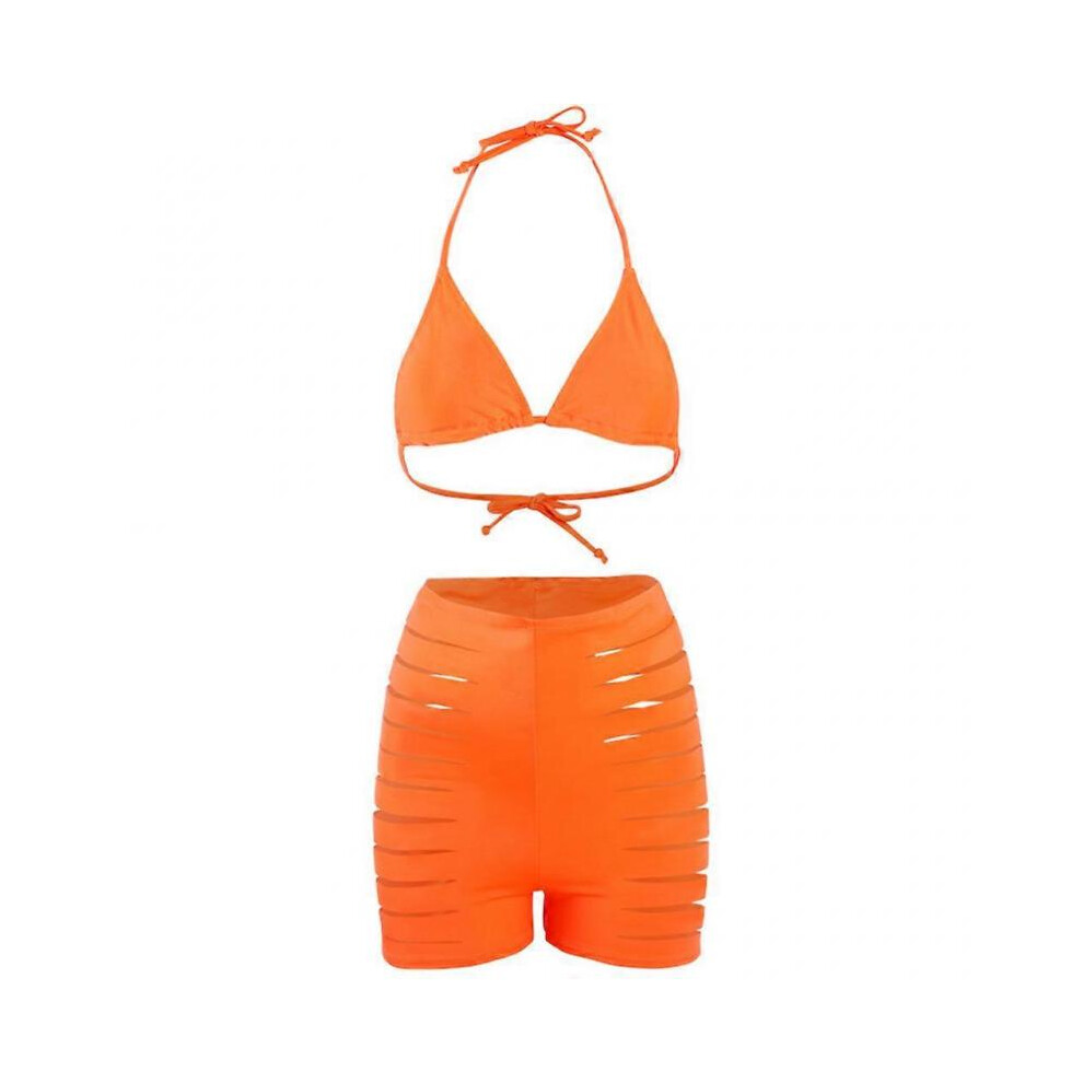 Maillot de bain brésilien bikini dos nu rembourré avec short creux pour femmes, orange XL