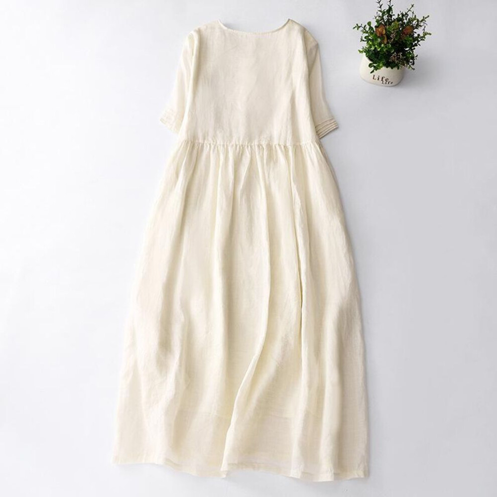 (apricot, XL) 2025 Summer New Embroidered Cotton And Linen Solid Color Rice Apricot V-neck Dress Literary Loose Casual Large Size A-shaped Dress