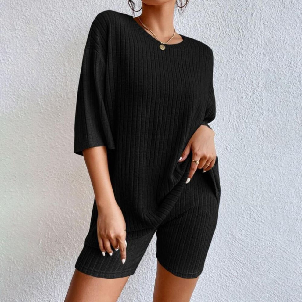 (black, M) Women's Fashion Casual Solid Color Threaded Round Neck Loose Short Sleeve Shorts Suit