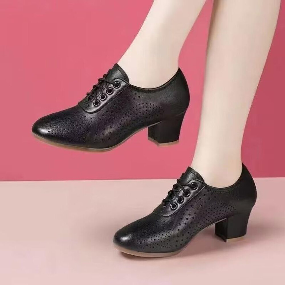 (black, 37) Fashion Shoes For Women Spring Women's Pumps Solid Color Pointed Toe Hollow Out Breathable Lace Up Chunky Heel Shoes Women